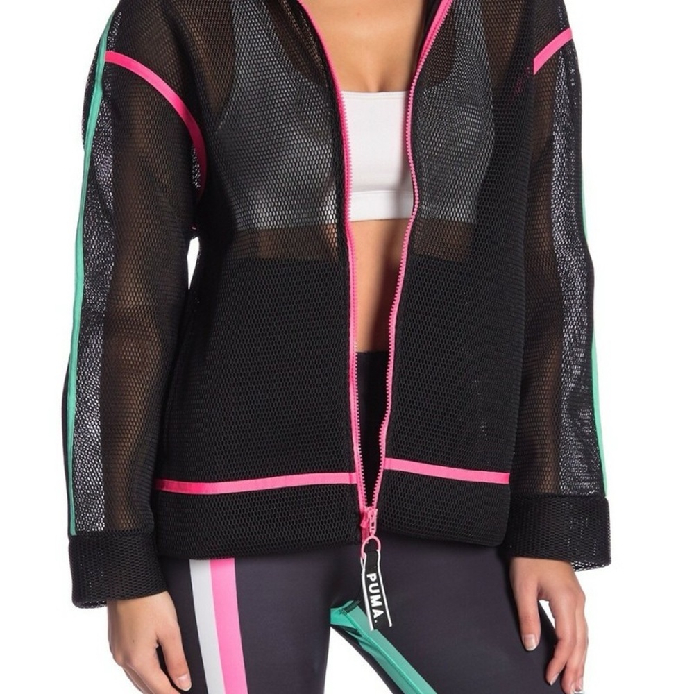 PUMA CHASE SPACER Breathable Mesh ZIP-UP HOODIE Black NEON PINK Wintergreen